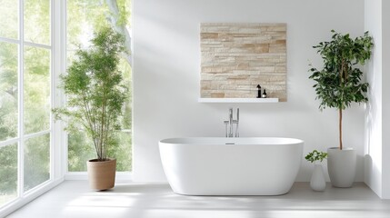 Fototapeta premium Bright, modern bathroom with natural light and plants
