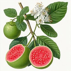 Botanical Illustration of Guava Branch with Halved Fruit Showing Red Flesh