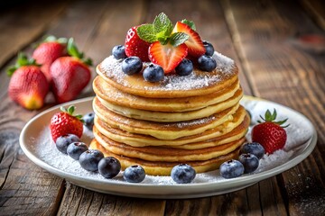 Delicious Stack Of Pancakes With Fresh Berries And Powdered Sugar Served On A Wooden Table For A Perfect Breakfast, pancakes, stack, breakfast, berries, strawberries, blueberries, mint, powdered sugar