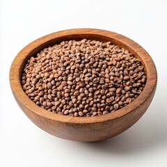 Fototapeta premium A close-up photo of a heap of rye grains in a wooden bowl, on a white background
