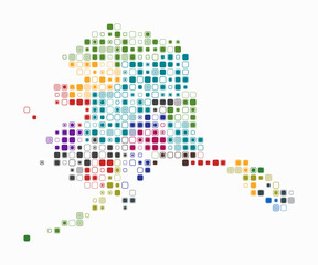 Alaska, shape of the state built of colored cells. Digital style map of Alaska on white background. Small size rounded square blocks. Stylish vector illustration.