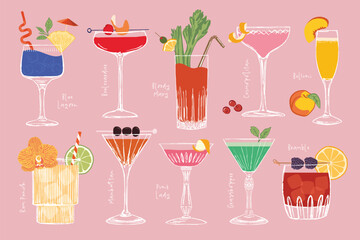 Colorful Hand-Drawn Vector Cocktail Collection