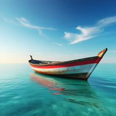 Naklejka premium Tranquil Fishing Boat Drifts on Clear Blue Tropical Waters