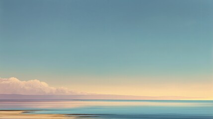 Obraz premium Minimalist painting of a coastal skyline with soft gradients of blue and gold meeting the ocean horizon