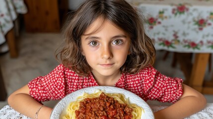 Young girl holding a plate of spaghetti with meat sauce, smiling