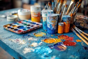 Fototapeta premium The studio table displays an array of colorful watercolor paints and brushes, emphasizing an artistic environment where creativity thrives daily
