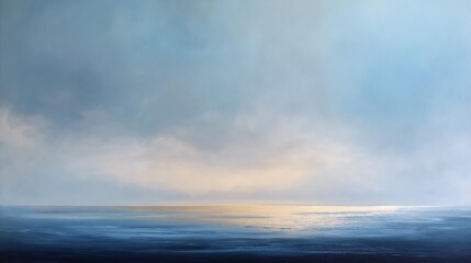 Fototapeta premium Minimalist painting of a coastal skyline with soft gradients of blue and gold meeting the ocean horizon