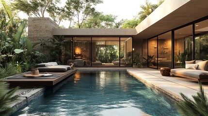 Serene luxury villa poolside oasis reflecting tranquil indoor outdoor flow Warm sunlight bathes the lush tropical landscape and