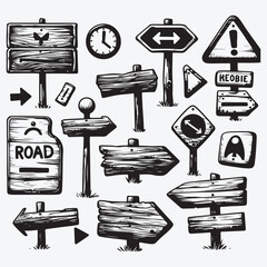 Wooden road signs hand drawn illustrations set stock illustration