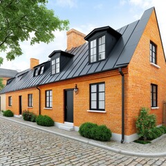 Obraz premium Charming Orange Brick House with Gray Metal Roof on Cobblestone Street