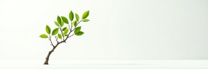 Obraz premium A solitary tree branch with leaves on a white surface, skeletal, natural world