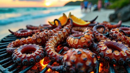 Grilled octopus on beach at sunset with blurred background