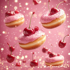 Doughnuts with pink cream and cherries fall from the sky against a pastel pink background with sparkling glitter lights.