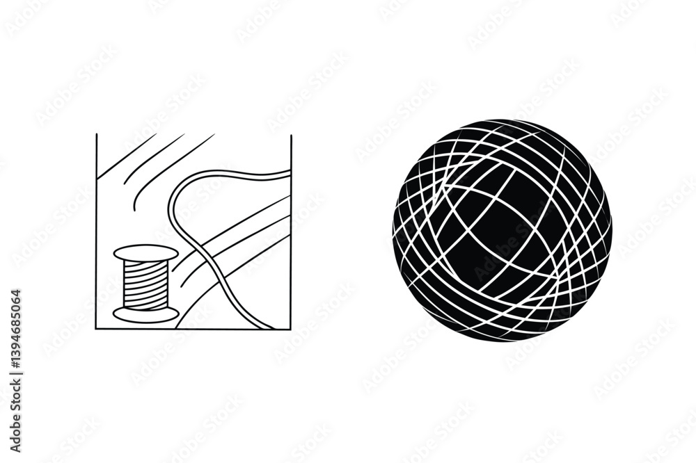 Poster abstract black and white line art design with thread spool and global sphere