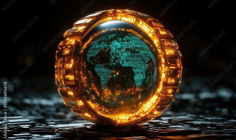 Poster futuristic globe with glowing circuitry and digital world map in a high-tech environment