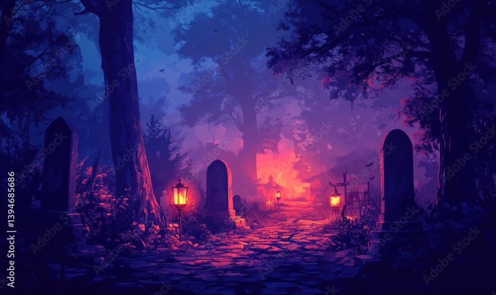 Poster mysterious graveyard path illuminated by lanterns in twilight atmosphere