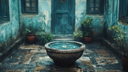 Ancient courtyard, water basin,  peaceful scene