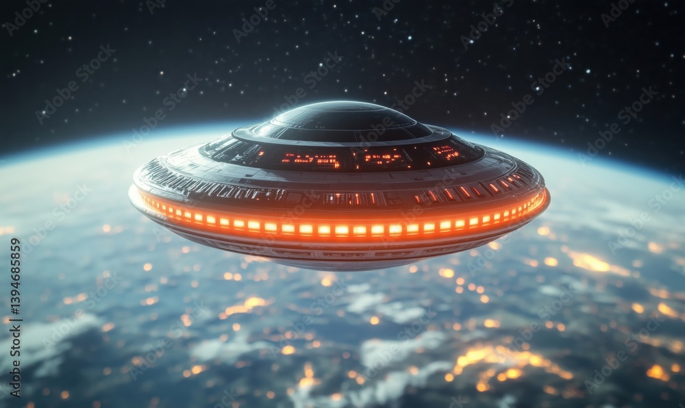 Poster futuristic ufo spaceship hovering above earth with illuminated details