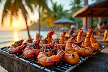 Grilled shrimp on tropical beach at sunset with palm trees and ocean view