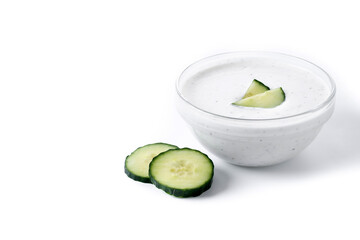 Greek Tzatziki sauce in bowl isolated on white background. Copy space