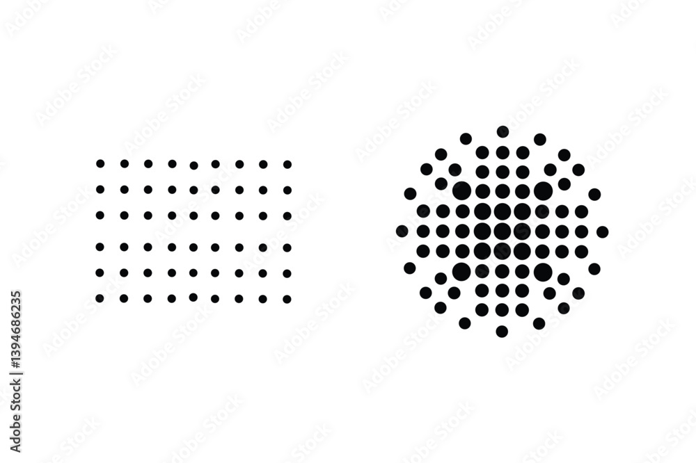 Poster Black Dots Arranged In Rectangular Grid And Concentric Circular Pattern Design