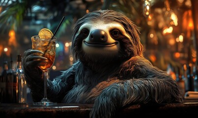 Obraz premium Sloth enjoying tropical cocktail at vibrant bar with warm ambiance and lively atmosphere