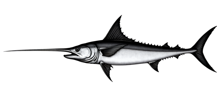 Swordfish Illustration, Black and White, Transparent Background.