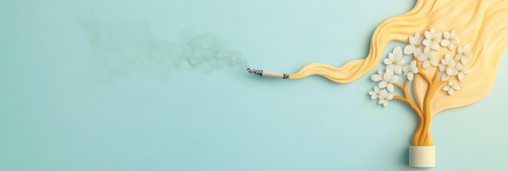 artistic web banner, vibrant hand-drawn web banner shows a cigarette turning into a blooming tree symbolizing renewal, with space for customizable text