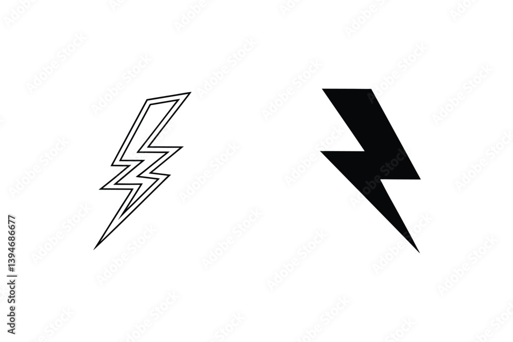 Poster lightning bolt vector graphic set featuring outline and solid style isolated on white