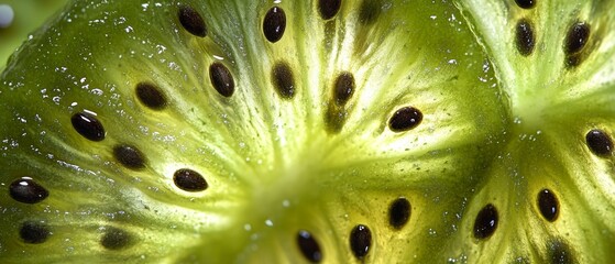 A vibrant green kiwi sliced open reveals intricate textures and juicy seeds, basking in soft natural light.