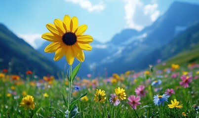 Vibrant wildflower meadow with yellow sunflower and colorful blossoms in mountainous landscape