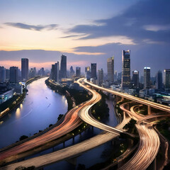 Fototapeta premium Twilight Curve of Expressway by River in Bangkok