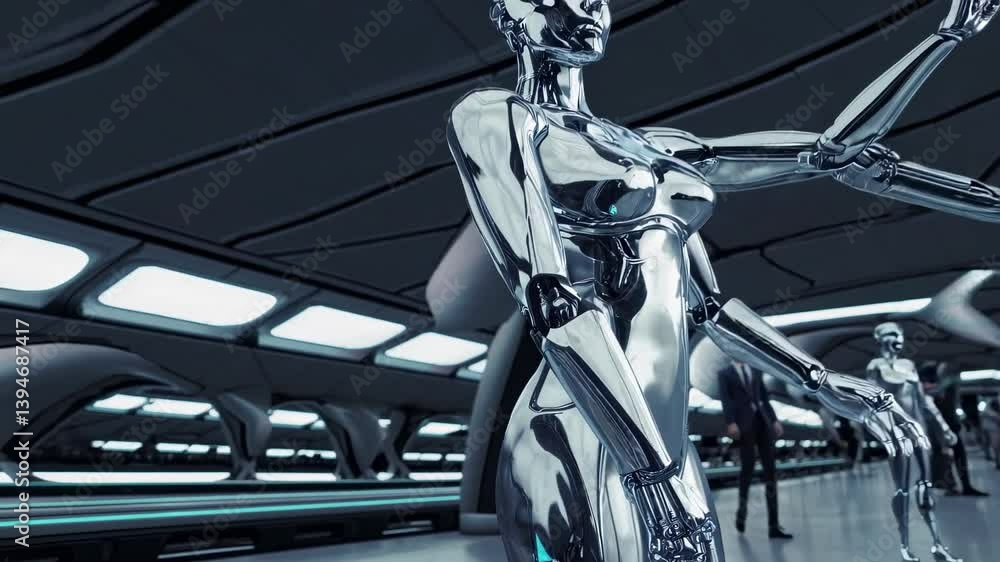 Aufkleber futuristic city showcasing humanoid robots interacting with people in a high-tech environment