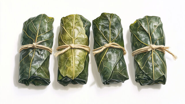 Leaf Wrapped Parcels with String Ties on White Background, Botanical Art Style