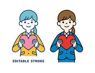 両手でハートを抱える、若い女性会社員のベクターイラスト素材＿線の編集可能