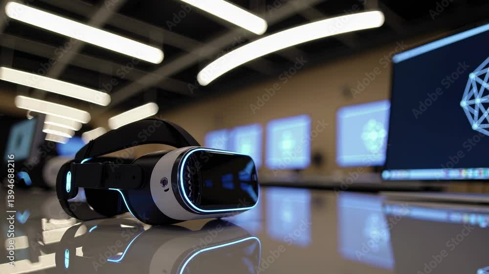 Poster virtual reality headset placed on a table with computer displays showcasing 3d graphics in a modern 