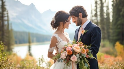 A joyful couple stands together, smiling tenderly as they hold a vibrant bouquet amidst a tranquil lakeside setting. Majestic mountains rise behind them, creating a perfect backdrop
