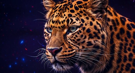 Obraz premium Close Up Portrait of a Leopard Against a Cosmic Night Sky Background