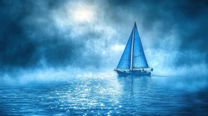 Sailing vessel on misty sea at night