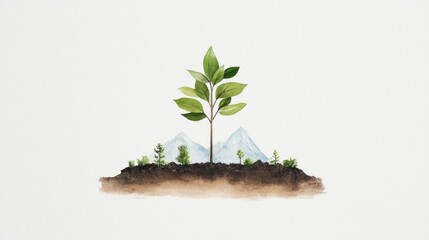 Young tree growing in soil, mountains in background