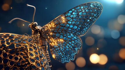A digital rendering of a butterfly with intricate gold and blue patterns.
