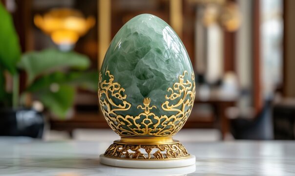 Elegant jade egg sculpture with intricate gold detailing on display in luxurious setting