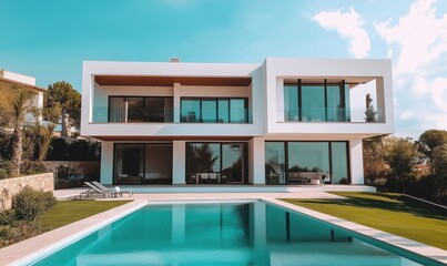 Fototapeta premium Modern luxury villa with pool and landscaped garden in sunny environment