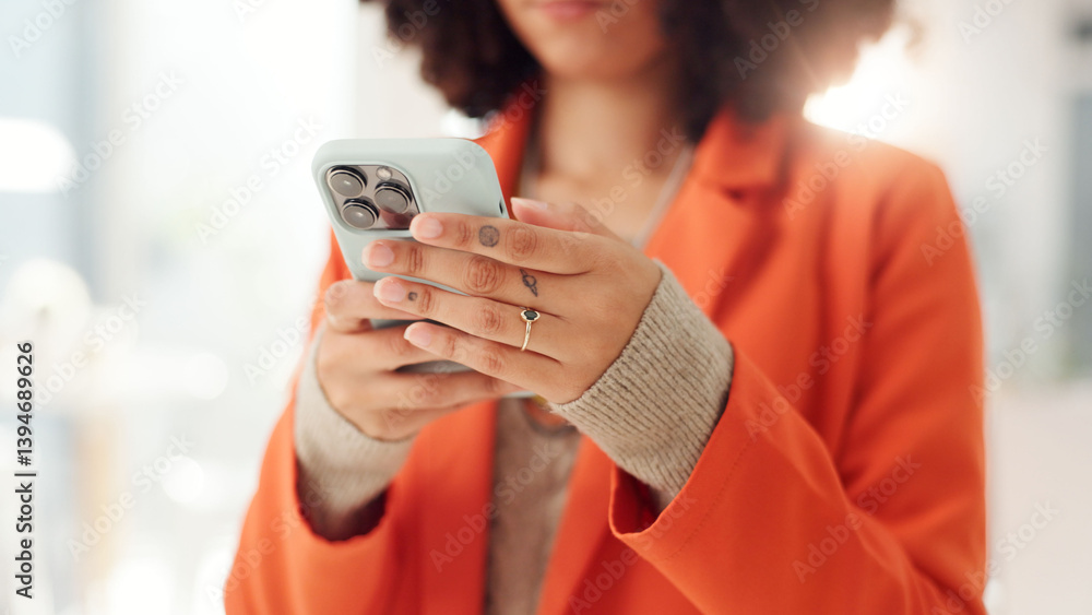 Aufkleber hands, phone and texting with business woman in office for networking, client chat and virtual consu