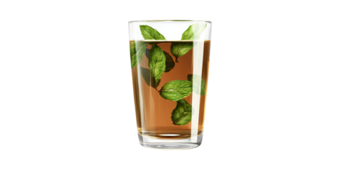 Glass Of Refreshing Mint Tea With Fresh Leaves. Herbal Beverage For Relaxation And Wellness Isolated On Transparent Background