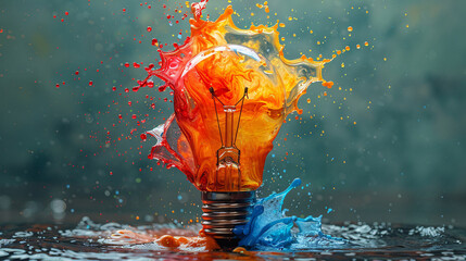 Creative concept light bulb explodes with colorful water colors on a light blue background. Think different, creative idea.