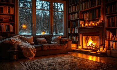 cozy living room with fireplace and snow view, warm ambiance and inviting decor