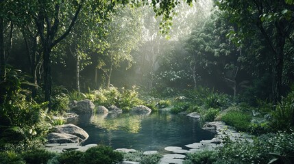 Obraz premium Lush forest scene with tranquil pond