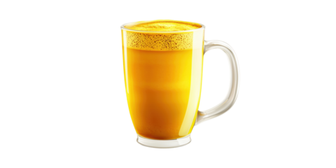 Glass Mug Of Turmeric Latte. Healthy Beverage With Anti-Inflammatory Benefits Isolated On Transparent Background