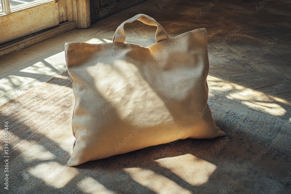 Aufkleber a stylish canvas bag sits on the floor, illuminated by gentle sunlight filtering through a nearby wi